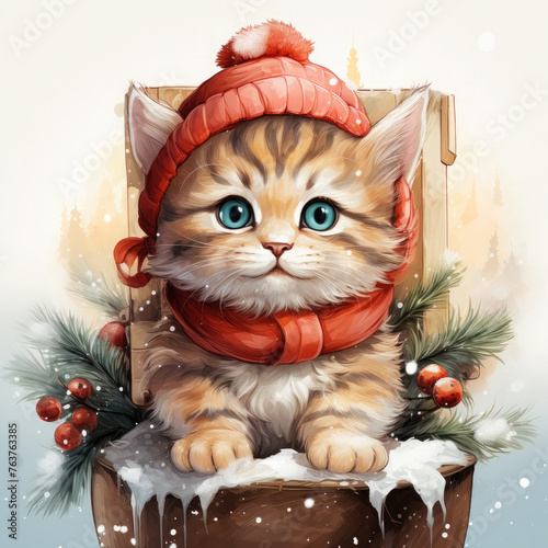 Watercolor Christmas Cat on Sled Illustration, Generative Ai