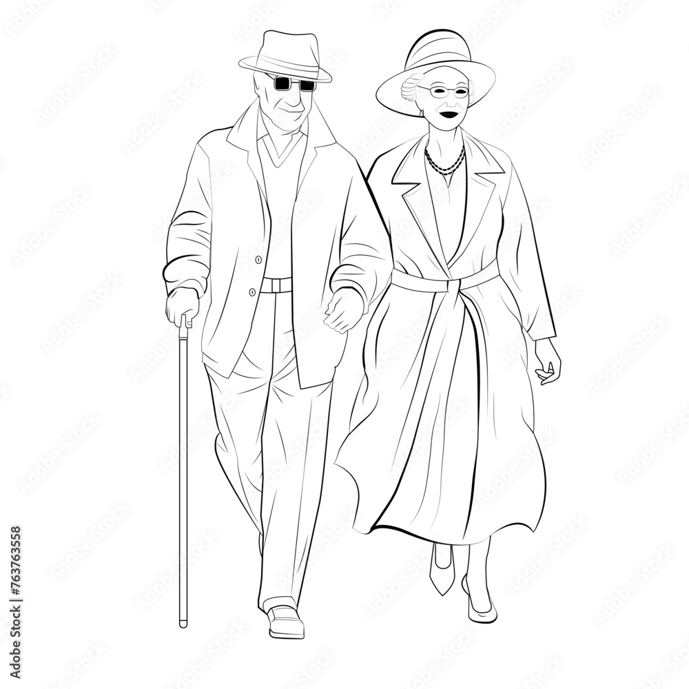 happy elderly couple walking line art
