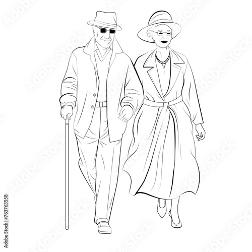 happy elderly couple walking line art