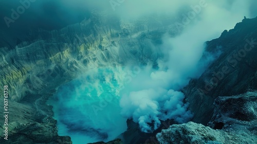 The volcanic crater and acidic crater lake are turquoise at sunrise and sulfur fumes in the morning