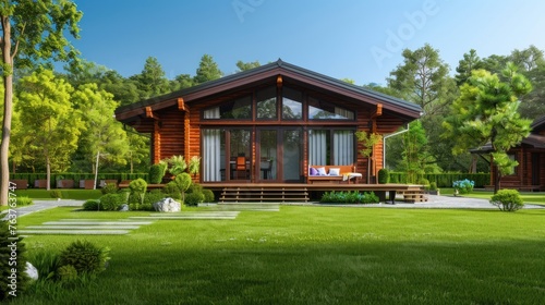 wooden house with panoramic windows and leather Sofa on outdoor terrace with green lawn. © Daisha