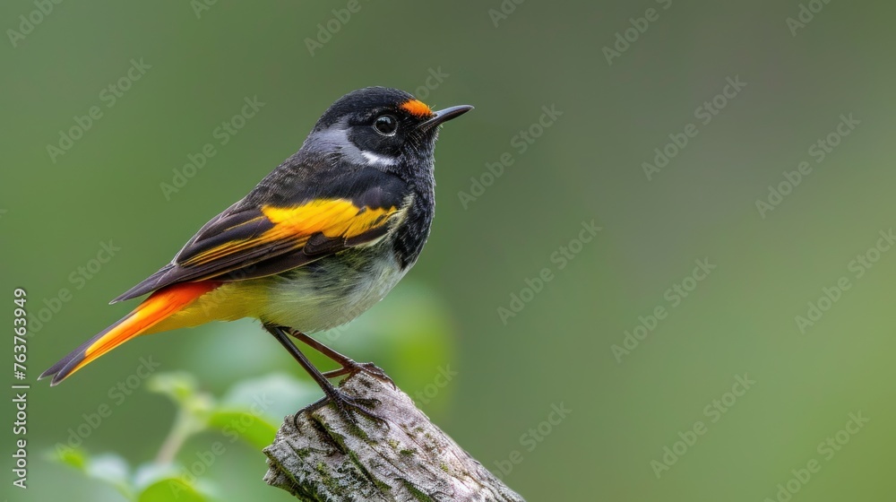 Beautiful bird with bright orange patches perched on a branch in a tropical forest Beautiful bird with bright orange patches perched on a branch in a tropical forest