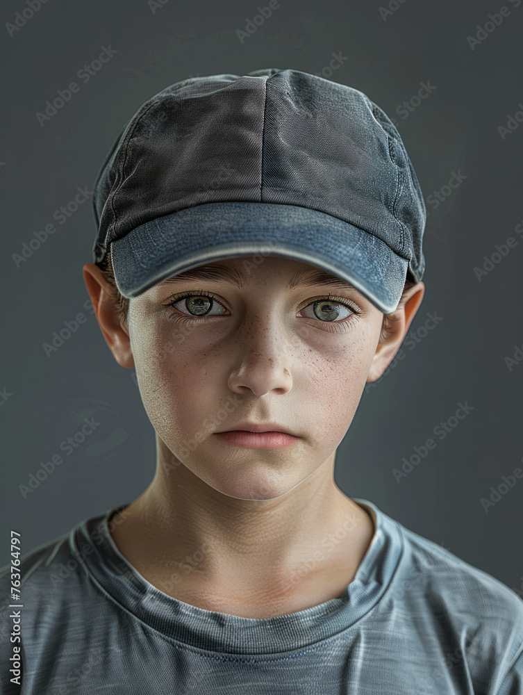 Portrait of a young boy in gray athletic wear with a cap, showing a slight hint of a smile Portrait of a young boy in gray athletic wear with a cap, showing a slight hint of a smile