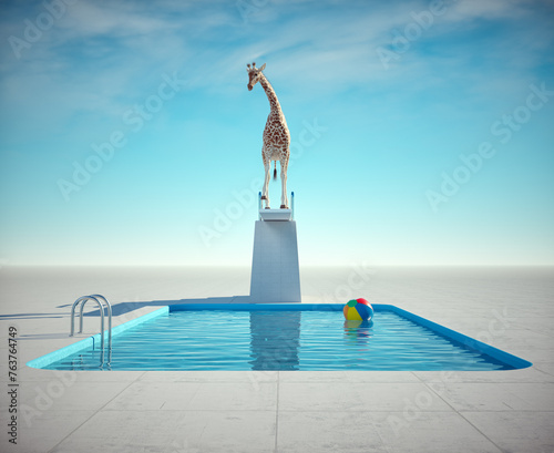 Giraffe getting ready to jump into the pool.