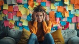 Stressed woman siting on sofa overwhelmed by sticky notes background