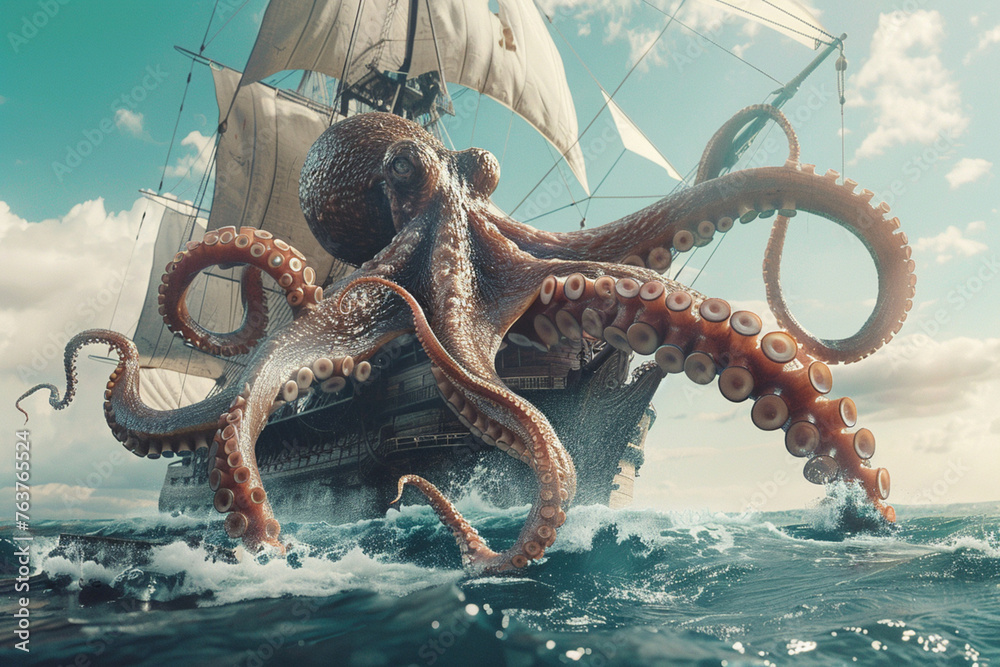 giant karken octopus destroying galleon sail with blue sky , fantasy concept - obrazy, fototapety, plakaty 