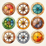 Watercolor Colorful Wooden Wheels Illustration, Generative Ai