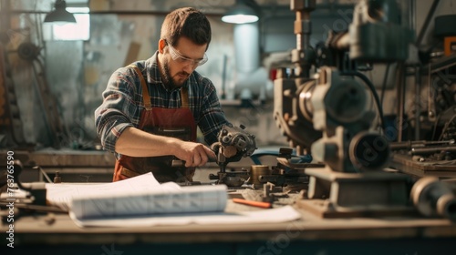 A young man is tinkering with a machine in a garage to fix auto parts AIG41