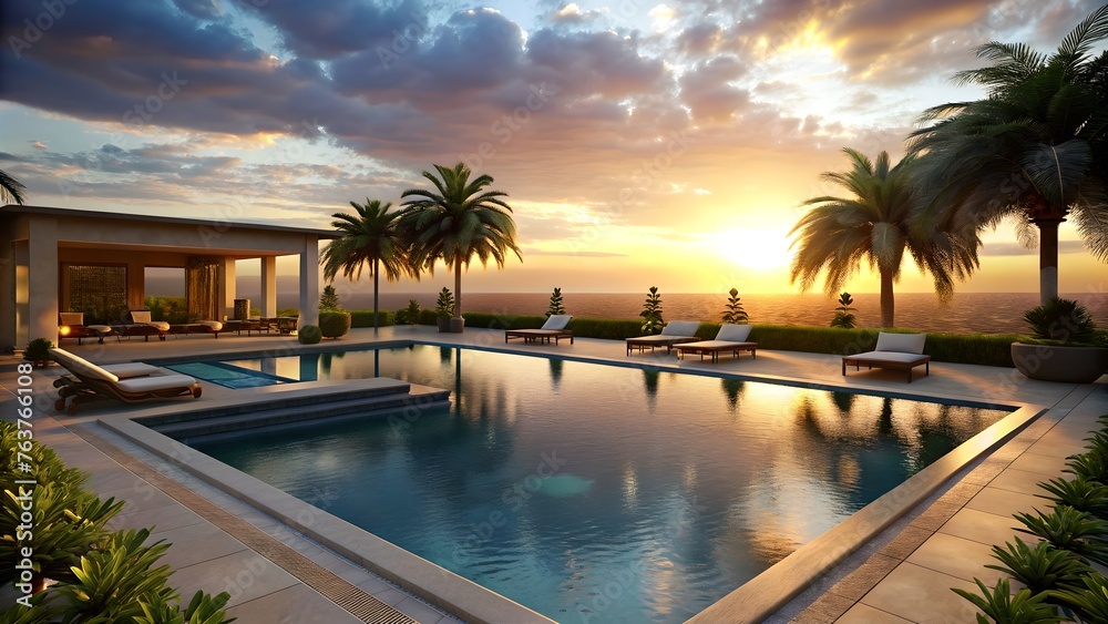 Swimming pool at sunset with palm trees and sun loungers. Beautiful sunset at a beach resort in tropics. Generative ai