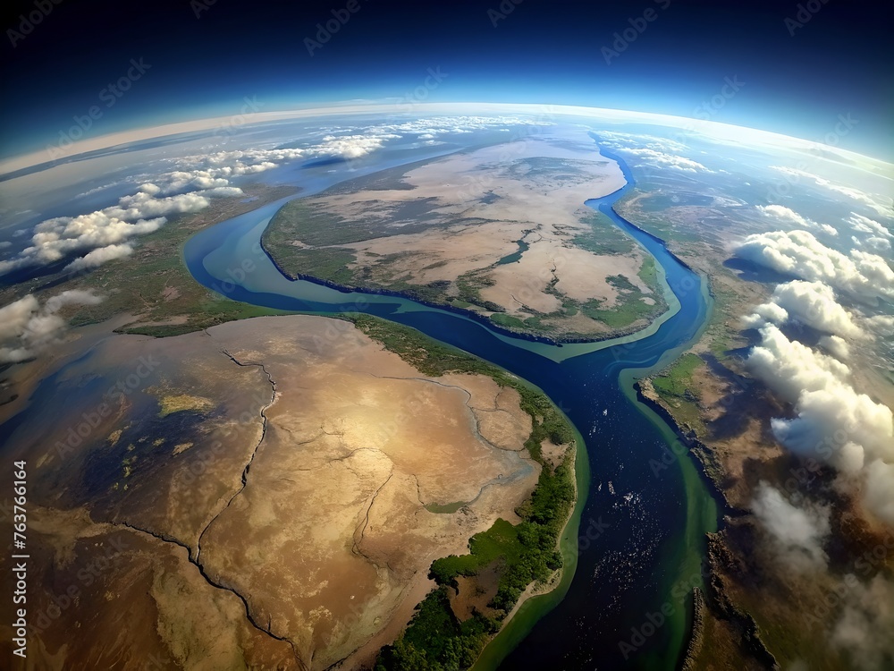 Picture of  the earth and a river from space. Aerial top view of Earth surface with river as abstract texture background. Blue landscape taken from space. Generative Ai