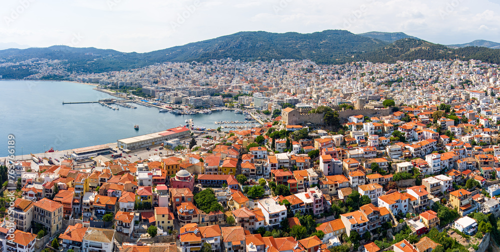 Kavala, Greece. Kavala Fortress - Ruins of a 15th century castle with a round tower. Port. Aerial view