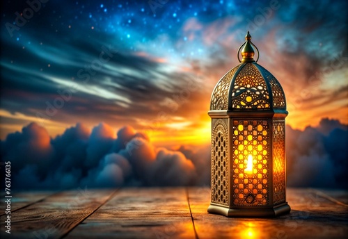 Ramadan kareem background. Ornamental Arabic lantern with burning candle. Festive greeting card, invitation for Muslim holy month Ramadan Kareem. Generative Ai