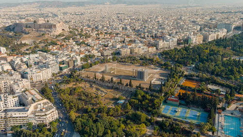 Athens, Greece. Olympeion, Temple of Olympian Zeus - the largest temple of Ancient Greece, built from the 6th century BC. e. until the 2nd century A.D. e. Summer, Aerial View