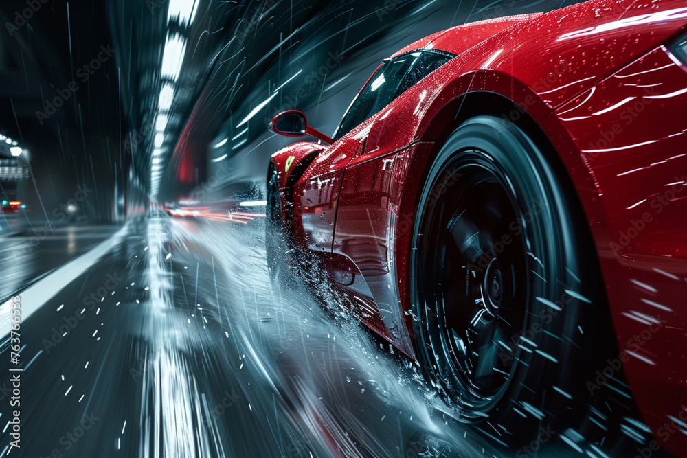 red sport car overtaking in the street , speed line effect - obrazy, fototapety, plakaty 