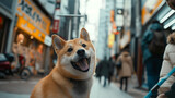 Shiba Inu in the city. Traveling and Obedient dog on street background