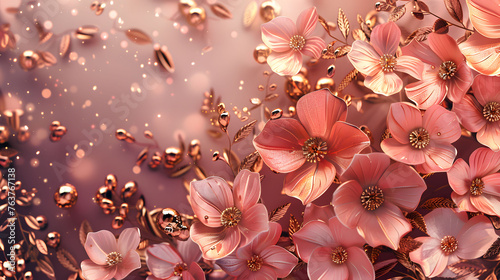 A dreamy composition featuring delicate gleaming flowers and floating petals against a soft, glowing backdrop.