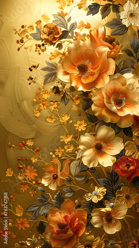 A luxurious wallpaper design featuring embossed gleam flowers in golden tones with intricate detailing and depth. photo