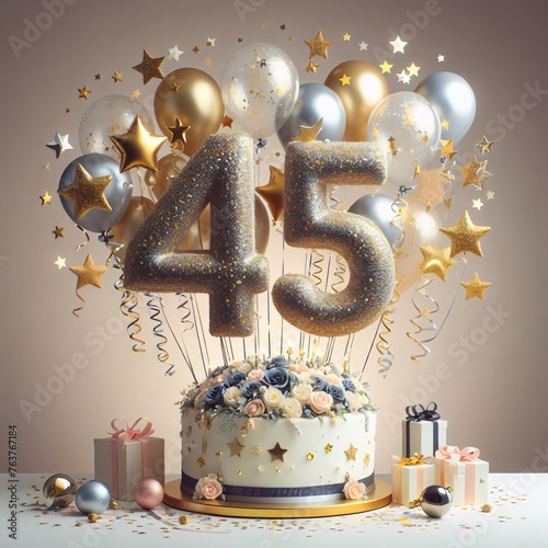 Vector Illustration of a Number 45th Birthday Balloon Celebration Cake, Adorned with Sparkling Confetti, Stars, Glitters, and Streamer Ribbons for a Festive Atmosphere	