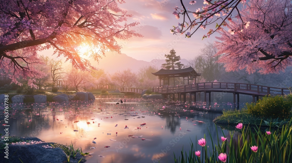 A serene Zen garden at sunrise, with a gently flowing stream, cherry blossoms in full bloom, and a quaint wooden bridge. Resplendent. - obrazy, fototapety, plakaty 