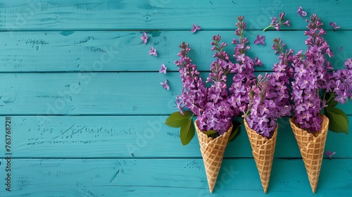 Flowers composition. Fresh lilac flowers in waffle cones on  turquoise wooden  background. Top view. photo