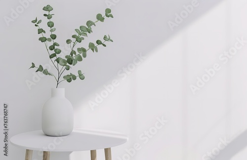 White vase with green leaves on it next to a wall background on mothers day without text
