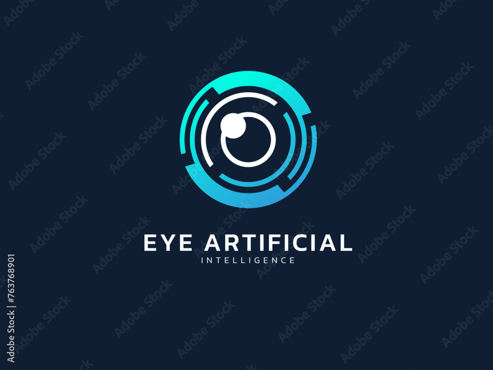 Artificial intelligence eye radar tracker with Circle Technology icon logo vector design concept. AI technology logotype symbol for search, check, examine, audit, follow, finding, verify, analyze.