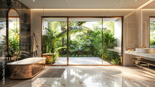 Modern luxury bathroom with tropical style garden view 3d render,There are marble floor and wall and copper frame mirror,Rooms have large windows, overlook nature view