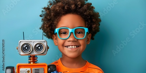 A cheerful curly-haired child enthusiastically embraces a friendly robot surrounded by a vibrant blue background The image captures the joy and wonder of a young inventor