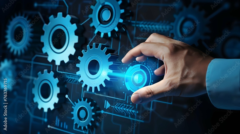 Operation management Business process control optimisation industrial technology and workflow concept. High performance, Problem solving, quality control. Hand touch gears icons