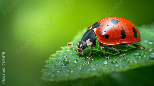 macro photo of a ladybug crawling on a leaf, capturing its vibrant red color and distinctive spots © Trevor
