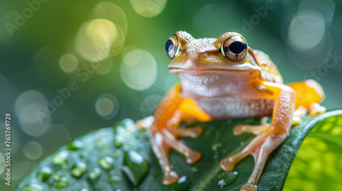 macro photo of a tiny frog perched on a leaf, showcasing its shiny skin and expressive eyes