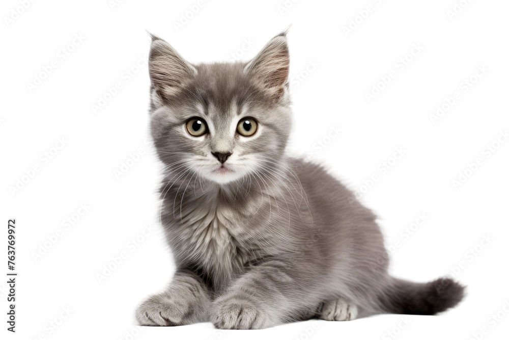 Small Gray Kitten Sitting on Top of White Floor. On a White or Clear Surface PNG Transparent Background.