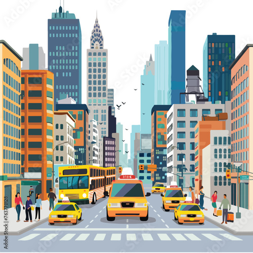 A bustling city street with taxis and buses. clipart © Hassan