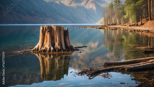 Old tree stump in lake 