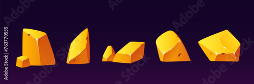 Gold nuggets set isolated on black background. Vector cartoon illustration of shiny golden stones, abstract shape big and small rocks with glossy edges, treasure cave design elements, precious metal