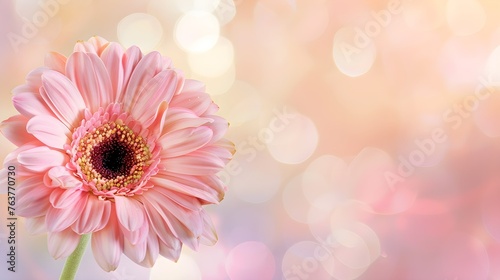 Pink gerbera daisy on magical bokeh background with ample copy space for text placement