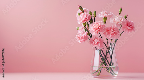 Carnation bouquet on pastel pink background with copy space. 3D illustration concept for Mother's Day holiday greetings card. Wide angle format banner. Generative  AI