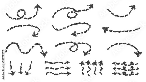 Set of hand drawn style with pencil drawing dotted line arrow animation. Variety of doodle animated pointer. Popping charcoal arrows footage video. Freehand different sketch curved swirl lines