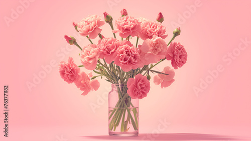 Carnation bouquet on pastel pink background with copy space. 3D illustration concept for Mother's Day holiday greetings card. Wide angle format banner. Generative  AI © shehzad