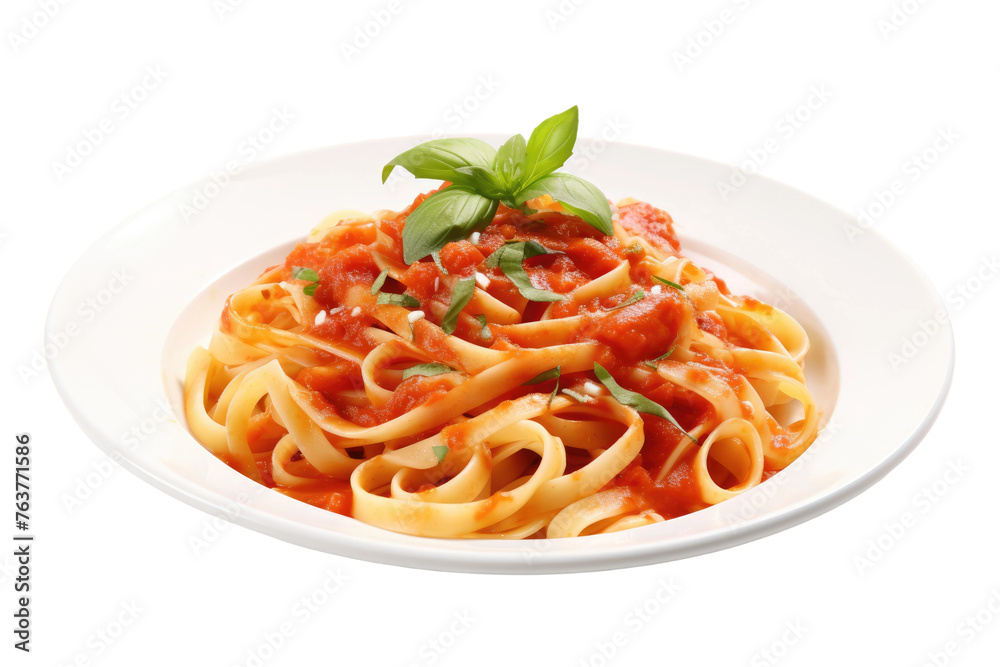 Plate of Pasta With Tomato Sauce and Basil. On a White or Clear Surface PNG Transparent Background.