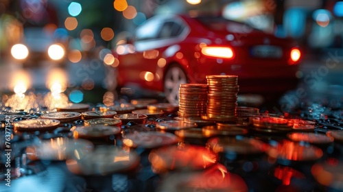 car with coins and cash, auto tax and financing, car insurance and car loans photo