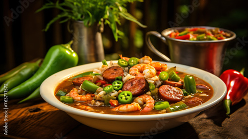 A bowl of spicy Cajun gumbo with shrimp sausage