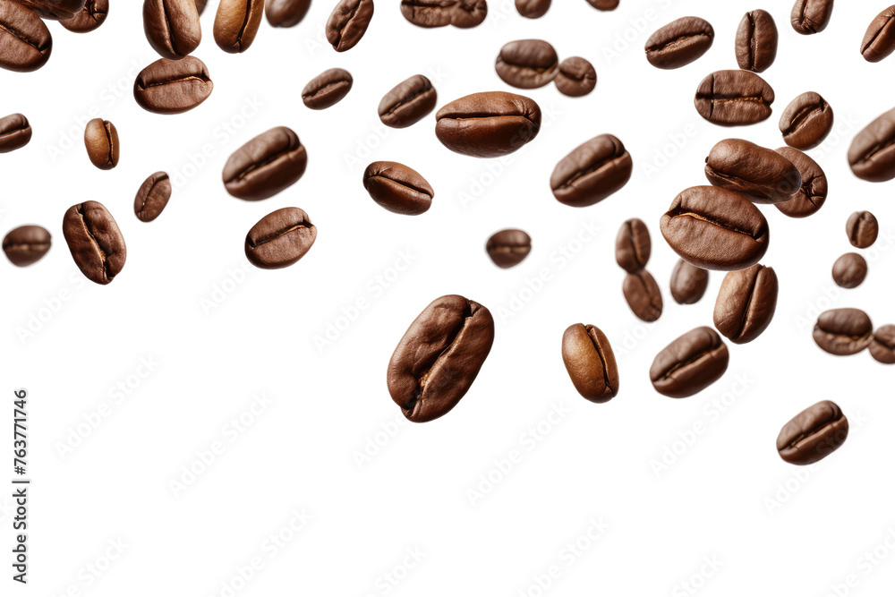 Obraz premium Coffee Beans Falling in the Air. On a White or Clear Surface PNG Transparent Background.