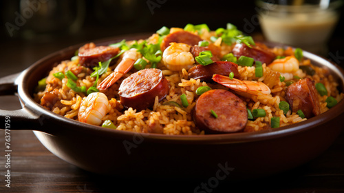 A bowl of spicy Cajun jambalaya with rice sausage and