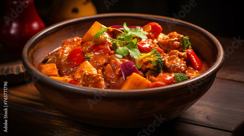 A bowl of spicy curry with tender chunks of meat and v