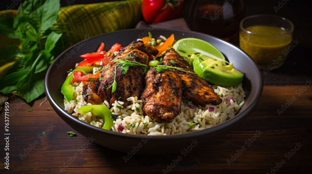 A bowl of spicy Jamaican jerk chicken with rice and pe