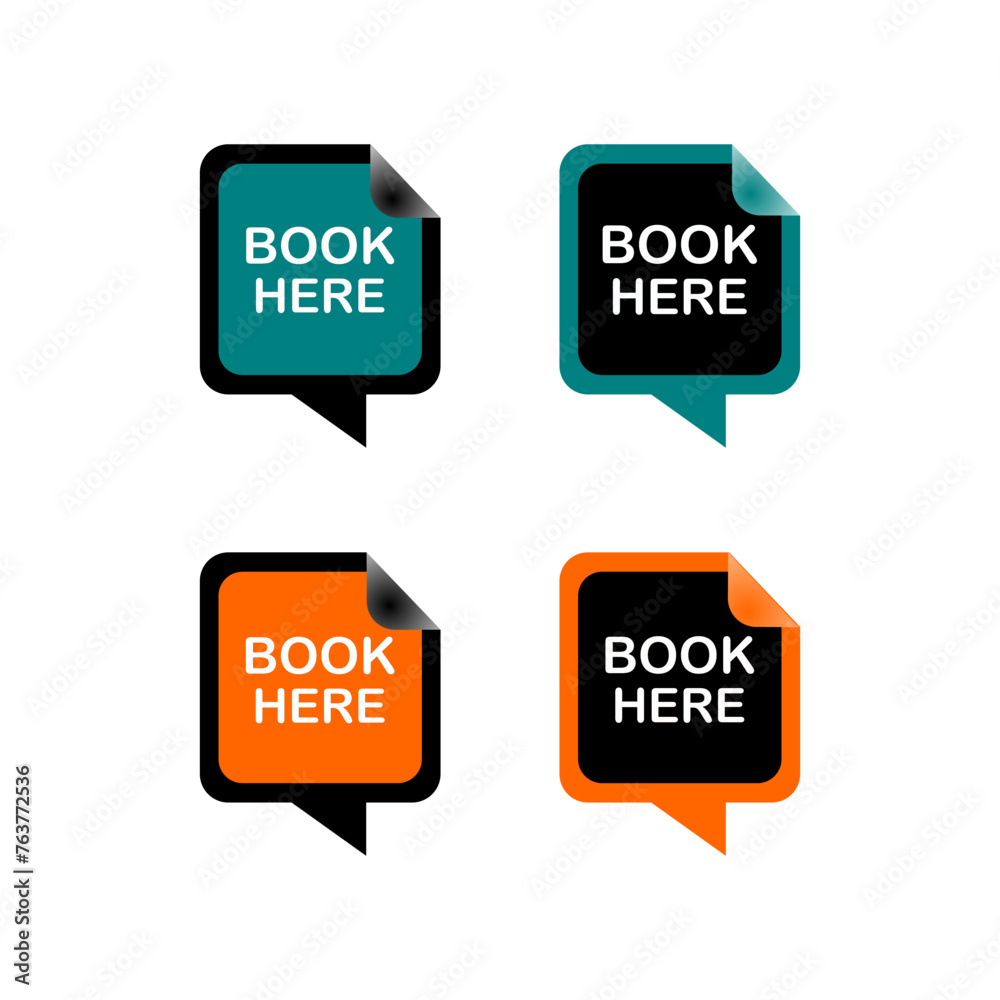 Book here sticker, label, icon, sign, symbol color orange set. Vector Book here sticker, label, icon, sign, symbol color orange set. Vector