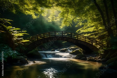 An enchanting mini bridge arching over a clear stream in a mystical forest, with sunlight filtering through the canopy of leaves 