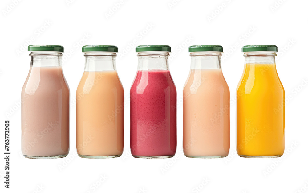 Row of Glass Bottles Filled With Different Colored Drinks. On a White or Clear Surface PNG Transparent Background. Row of Glass Bottles Filled With Different Colored Drinks. On a White or Clear Surface PNG Transparent Background.