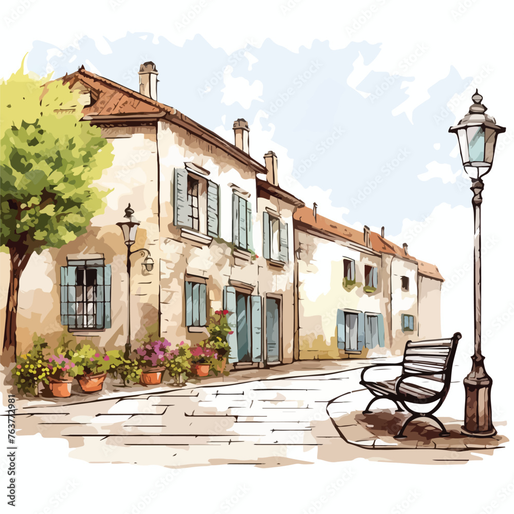 A French Street with Bench clipart isolated on white